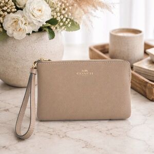 Coach Pebbled Taupe Corner Zip Wristlet with Strap